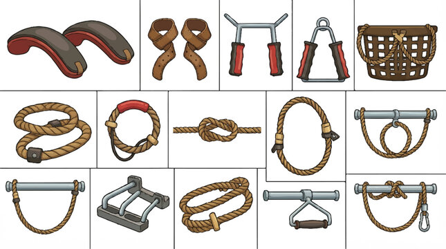illustration of various horse riding equipment and tools