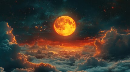 Majestic Full Moon Illuminates the Night Sky Over Dreamy Clouds and Starry Background