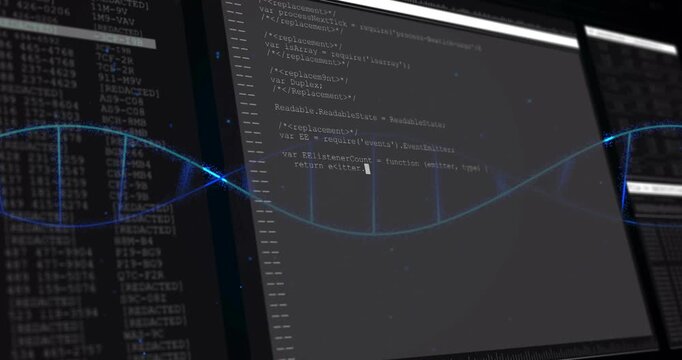 Emerging blue particle streams forming helix undulating across monitors, visualizing JS data flow