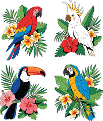 Fototapeta premium Set of four colorful tropical birds with exotic flowers and jungle leaves, vibrant parrot macaw cockatoo and toucan vector icons,