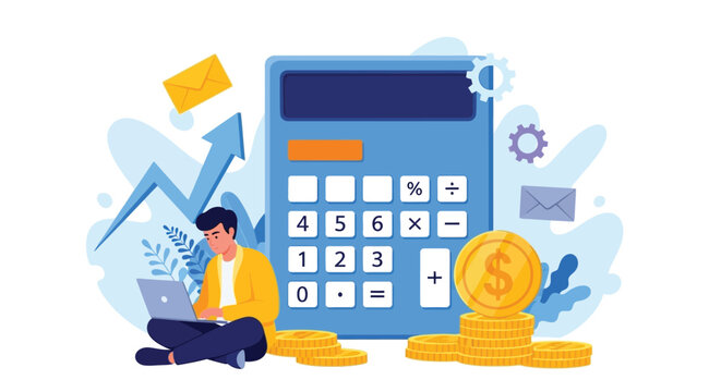 Illustration of a man with a laptop sitting beside a large calculator and stacks of coins. An upward arrow, gears, and envelopes suggest financial growth.