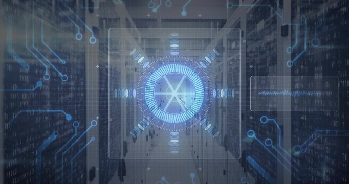 Upon HUD frame emerging, circular interface fading and linking racks via circuits for data flow