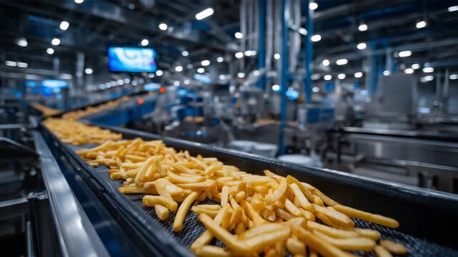 248Close-up top-down view, uniform rows of French fries on conveyor belt, metallic surfaces and factory piping visible in background, high-detail textures on fries