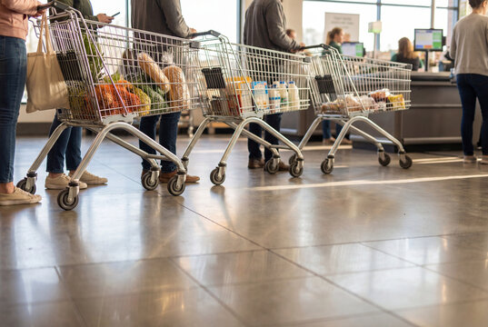 Low angle view of supermarket checkout line with shopping carts