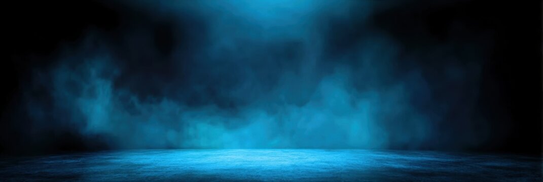 Abstract dark background illuminated with blue light and fog on asphalt floor, empty scene perfect for product presentations, creative visuals, and modern design projects