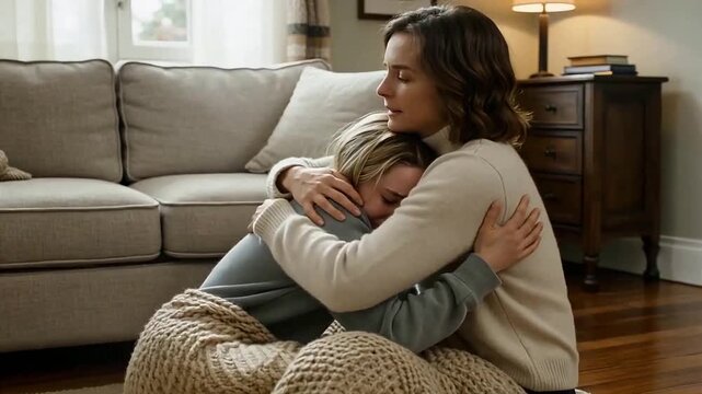 Two women share a heartfelt hug in a warm, cozy living room, conveying deep emotional support and comfort. 