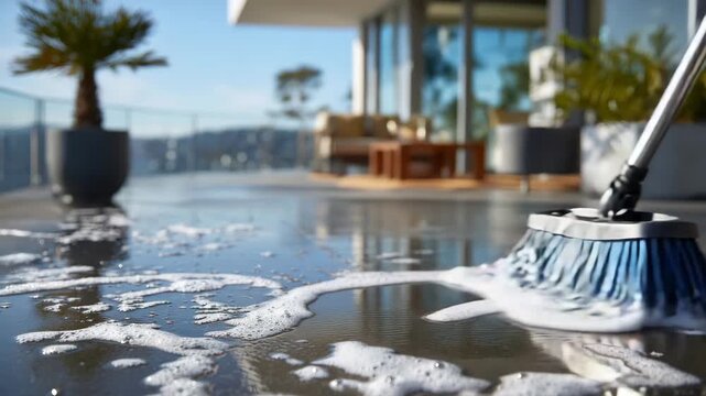 260Stock home maintenance close-up, broom pushing soapy water along textured concrete, foam patterns visible, modern house with clean lines and windows in background, natural daylight