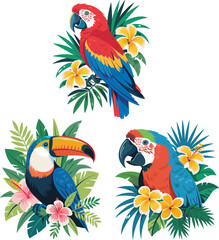Set of three tropical birds with exotic flowers and leaves, colorful parrot macaw and toucan illustration isolated on white background, © Shafiqul