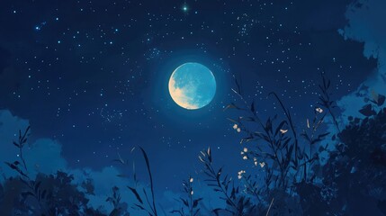 Serene Night Sky with Full Moon Illuminating a Peaceful Landscape Understated by Stars and Gentle Plant Life