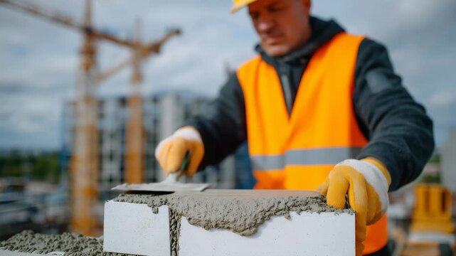 275Low-angle view, worker fitting stone veneer onto exterior wall, trowel in hand, partially completed stone pattern visible, construction site blurred in background