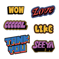Fototapeta premium Colorful retro word stickers and badges with nostalgic 90s typography.