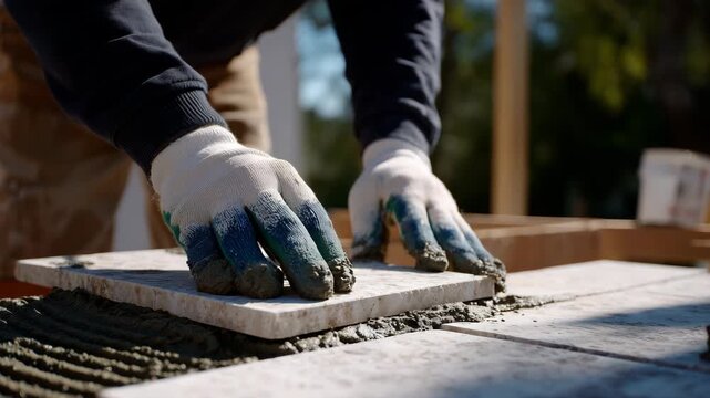 285Macro stock photo, gloved hands pressing a single stone tile into adhesive mortar, texture and color contrast emphasized, partially completed wall in soft focus, natural light