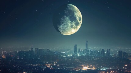 Majestic Moon Over Urban Skyline Enveloped in Starry Night Sky Illuminating Cityscape Below