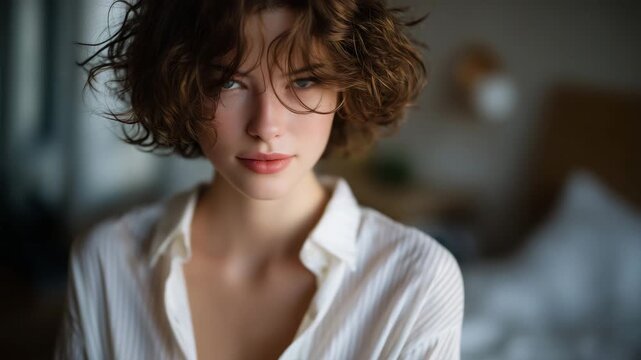 297Close-up elegance, tousled curls falling over white blouse, pajama top slightly unbuttoned for casual chic look, minimalist backdrop, natural fashion lighting highlighting textures