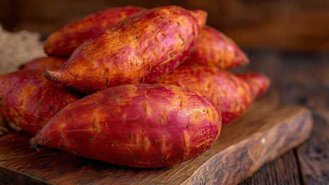 305Macro detail of sweet potato textures, clustered on weathered wooden surface, rich natural color and irregular shapes emphasized, shallow depth of field creating soft background bl