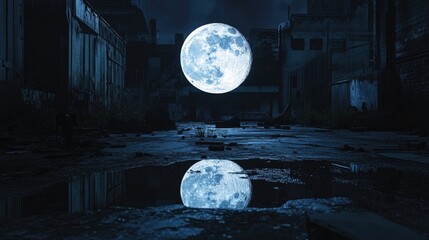 Enchanting Moonlit Landscape in Abandoned Urban Setting with Reflection on Calm Water Surface