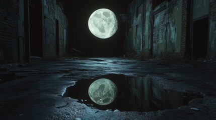 Full Moon Illuminating Abandoned Alley with Reflections in Puddle at Night
