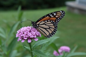 Obraz premium Butterfly sits on a pink flower in the garden