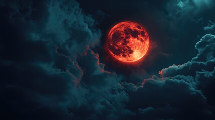 Stunning Red Moon Illuminating Clouds in a Dark Night Sky with Dramatic Lighting Effects and Mystical Atmosphere