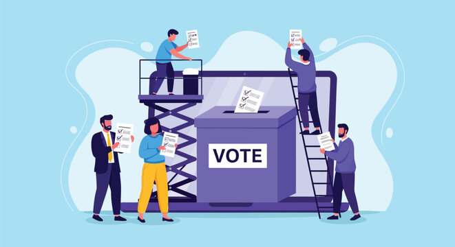 Illustration of diverse individuals placing ballots into a large, purple ballot box labeled "Vote" against a blue background, symbolizing election participation.