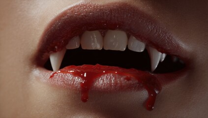 Fototapeta premium Female vampire fangs with blood dripping from lips close-up