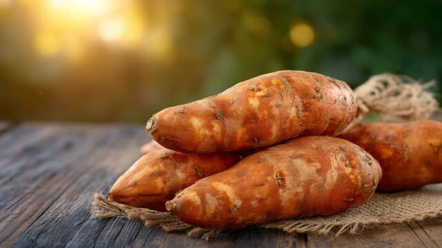 318Natural farm-to-table aesthetic, fresh sweet potatoes casually arranged on aged wooden table, soft sunlight filtering from the side, emphasizing texture and organic shapes