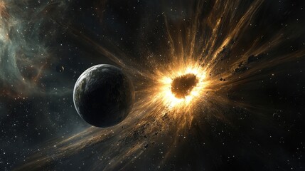 Cosmic Explosion Near Planet with Asteroids and Stellar Phenomena in Outer Space