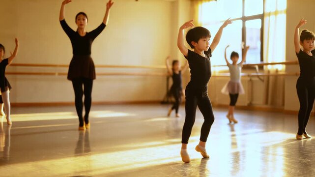 Little asian boy in black leotard practicing ballet position with group of multicultural children and young female teacher in sunlit dance studio with mirrors, concept of creative childhood education