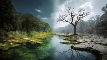 Fototapeta premium A dramatic split landscape showing one half lush green forest with clear water and vibrant life, while the other half is dry cracked earth with withered trees and dusty atmosphere symbolizing