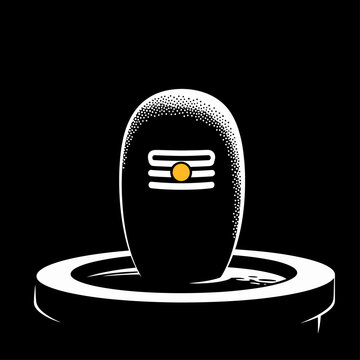 A minimalist graphic illustration of a black Shiva Lingam with Tripundra and Bindu on a circular base, symbolizing Hindu deity Shiva.