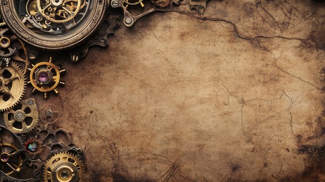 Aged paper background with gears clustered along left margin and ample copy space on right, brass cogs and watch parts with patina and rust accents, warm sepia tones, textured parchment surface,