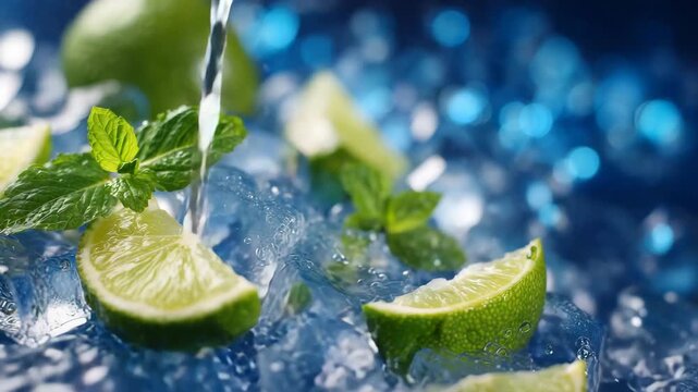 329Macro detail of mojito, lime wedges and mint leaves floating in ice, sparkling blue background creating vibrant contrast, light catching the bubbles and water droplets