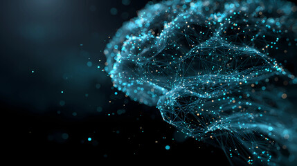 Abstract visualization of a digital brain formed by glowing particles and data lines, deep blue and teal color palette, 3D render, Generative AI illustrations.