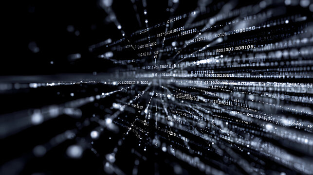 Abstract digital technology background featuring binary code streams forming a 3D geometric shape with motion blur, Generative AI illustrations.