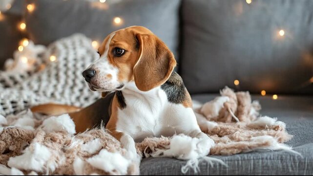 A cozy beagle lounging on a soft blanket in a warm home setting.