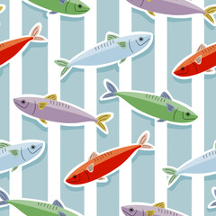 Cotton fabric Seamless pattern with hand drawn colorful sardines and mackerel fish stickers on blue and white vertical stripes background for coastal textile and Mediterranean kitchen decor