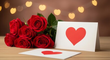 Romantic valentine's day setup with red roses heart cards and warm glowing heart lights on a wooden table