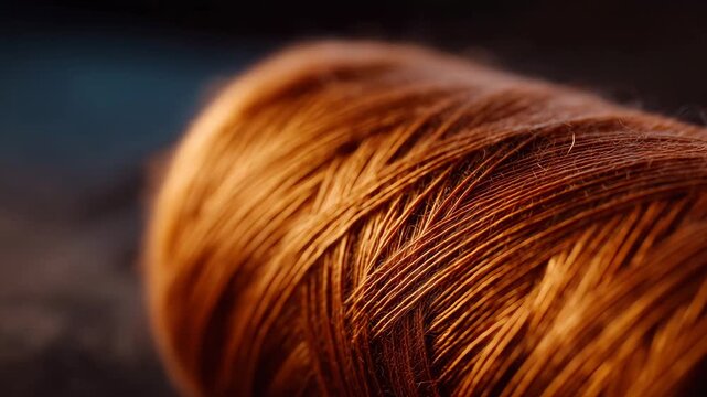 353Cinematic texture shot, spool of orange thread with dynamic light emphasizing fiber detail, warm highlights and shadows adding dimensionality, blurred neutral background