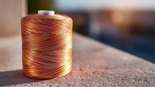 350Detailed texture study, spool of orange sewing thread, tight winding patterns and individual strands visible, warm light casting gentle shadows on neutral background