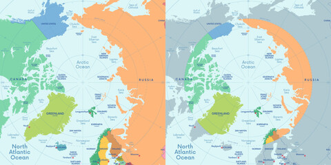 The Arctic Ocean region, Geographic position of the North Pole of the Earth, Colored political map with countries and capitals included in the Arctic Circle, Vector map with latitudes and longitudes © max_776
