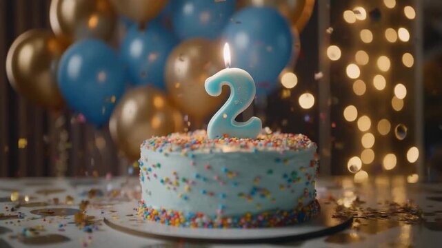 A festive birthday cake with number two candle, colorful sprinkles and balloons in the background, celebrating a joyful second birthday party moment.