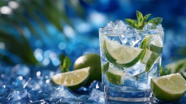 Crisp professional composition, mojito with layered ice cubes and floating lime wedges, sparkling blue backdrop with subtle reflections, invoking relaxation and tropical vibes