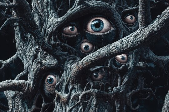 Surreal tree with central cyclopean eye, twisted branches weaving through porcelain orbs and knotted roots, mossladen bark and intricate crevices create eerie texture and haunting atmosphere,