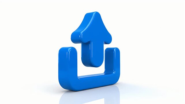 A glossy blue upload icon on a white background