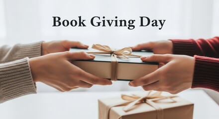 Two people exchanging wrapped gift boxes on book giving day with a white background