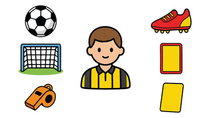 Soccer referee with ball goal shoe cards and whistle on white background
