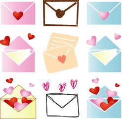 A collection of cute cartoon envelopes with hearts