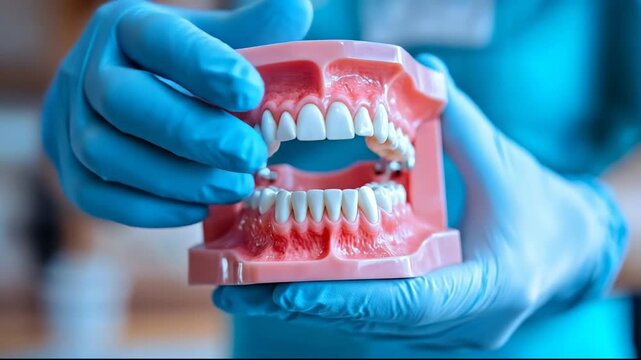 A dentist holding a dental model showcasing teeth and gums.