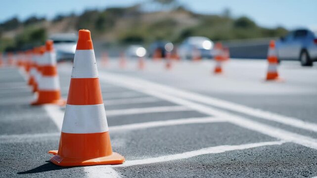 Dynamic angle of traffic cones, diagonal row stretching across parking lot, modern car softly out of focus behind, bright daylight emphasizing contrast and pattern