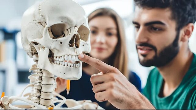 Students learning anatomy with a skeleton model in a bright setting.